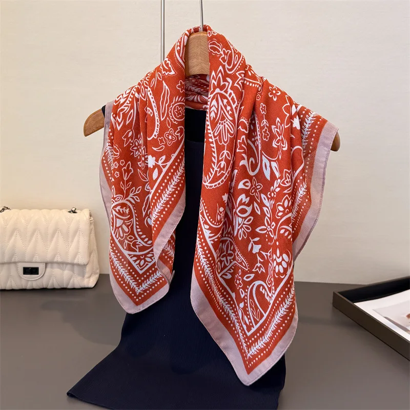 Exotic retro herringbone cotton-linen style small square scarf, faux velvet shawl, sun-protective neckerchief for women
