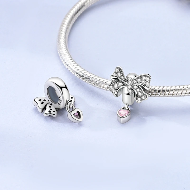 Original 925 Sterling Silver Charms Bead CZ Zircon Love Mom Pink Heart Dangle Fit Bracelet DIY Woman Jewelry Gift For Friend