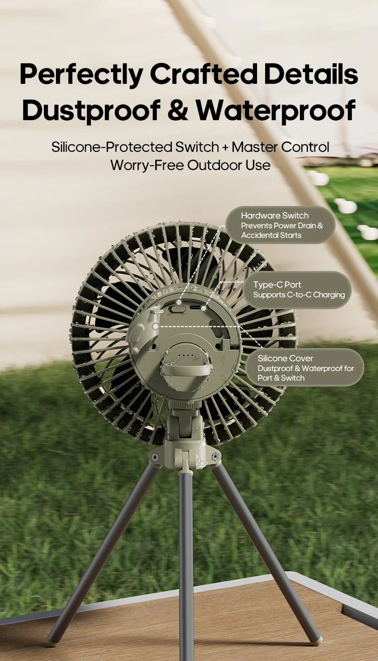 Outdoor-Campingventilator 10000mAh Zelt-Hängeventilator Wiederaufladbarer tragbarer Tischventilator mit abnehmbarer Campinglampe und Powerbank – Detail 17