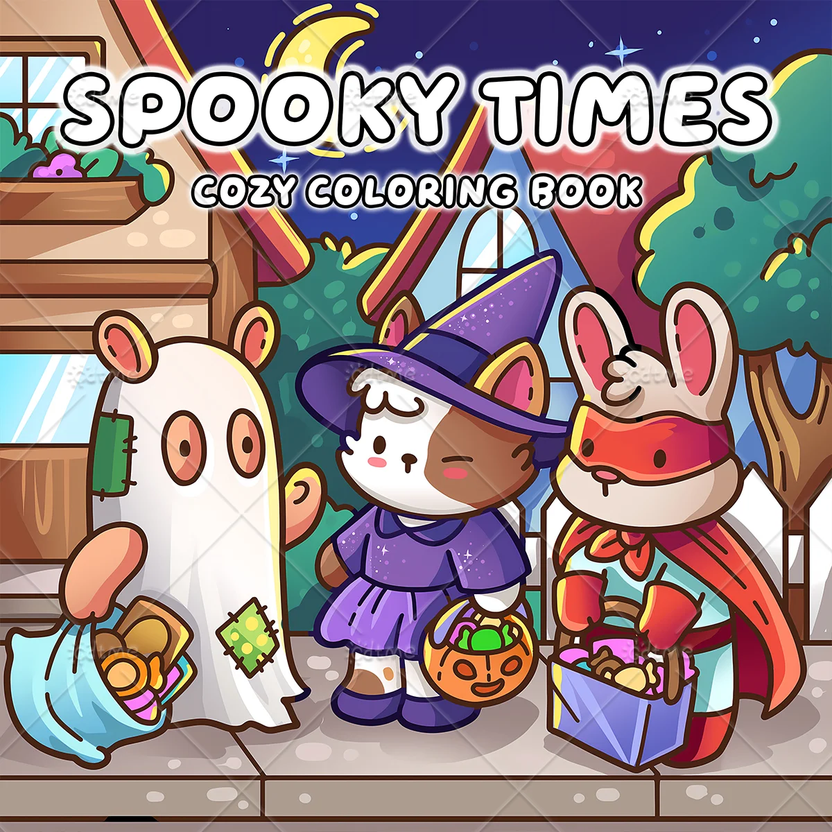 Spooky Times Cozy Coloring Book For Adult Halloween Trick Or Treat Animal Scenes Colouring Pages Stress Relief Relaxing Art Book