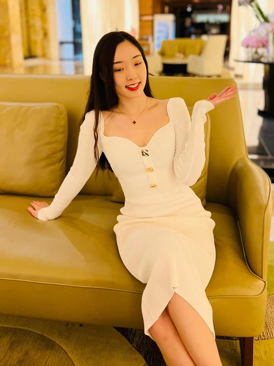 

Элегантное вязаное платье SelfSP: новинка весна-лето, с квадратным вырезом, длинная юбка, завышенная талия, из шерстяной смеси, облегающее, повседневное.