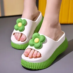 2024 Green flower high platform slippers women's anti odor summer slide shoes college student gilrs increased slipper mules shoe