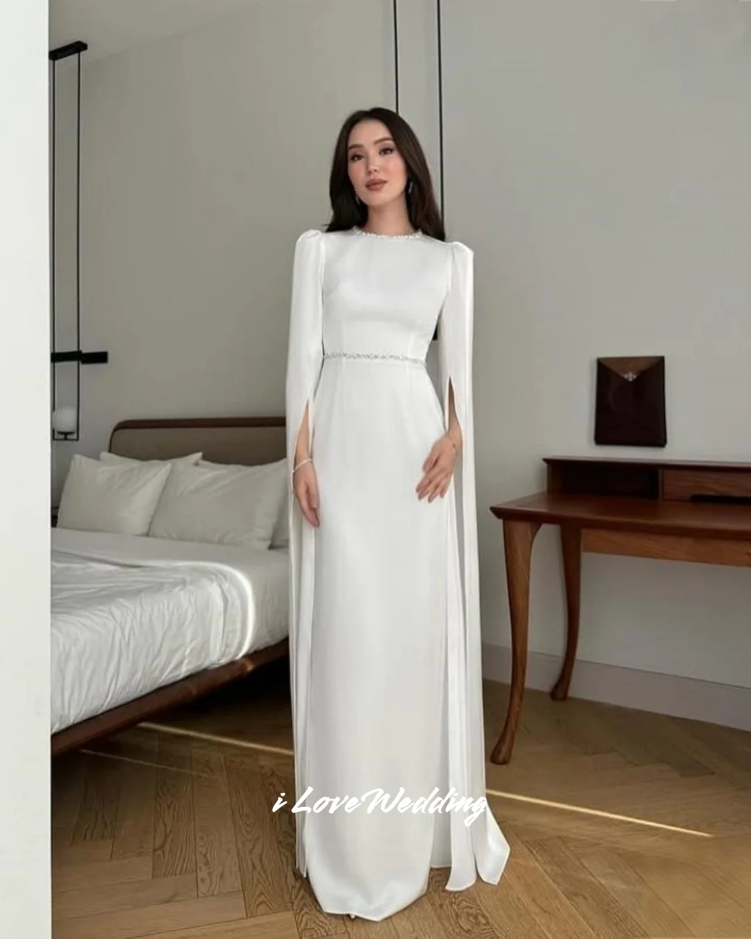 Vestidos de novia blancos con cuello redondo, sirena con cuentas de manga larga, musulmán, Arabia Saudita, largo hasta el suelo, plisados, personalizados, 2025
