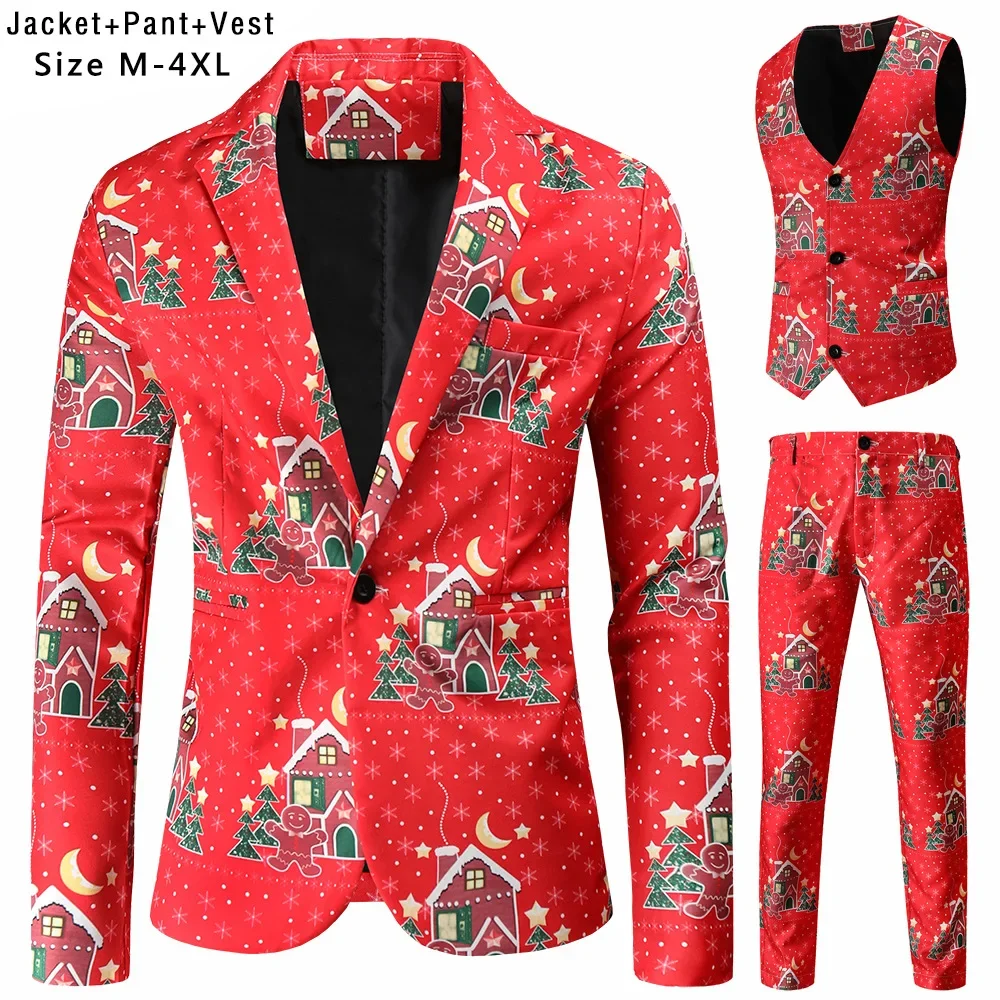 New Mens Christmas Suits Three-piece Cute Cartoon 3D Printed Casual Suit Jacket+ Pants+Vest 3Pcs Xmas Party Dress 12 Color