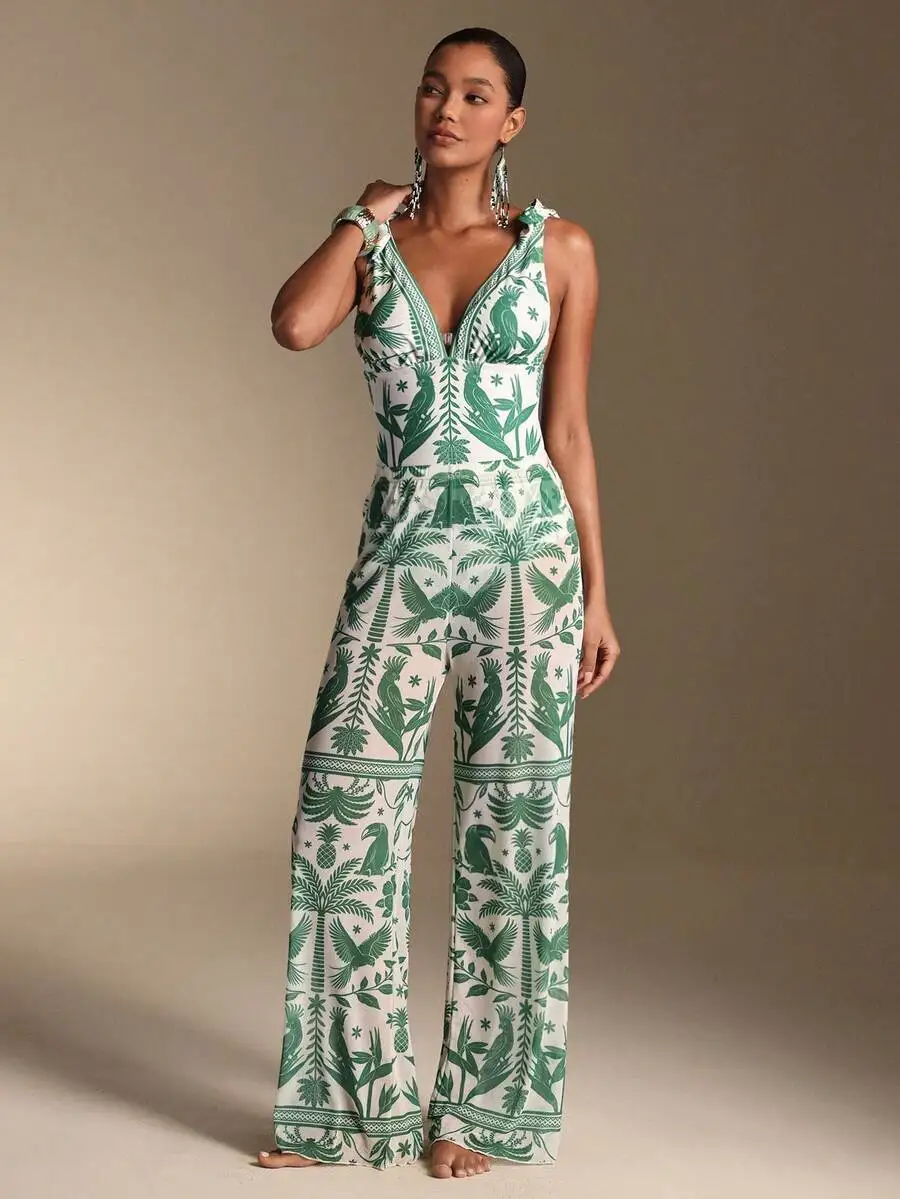 

Womens Tropical Print Wide Leg Jumpsuit For Beach Vacation