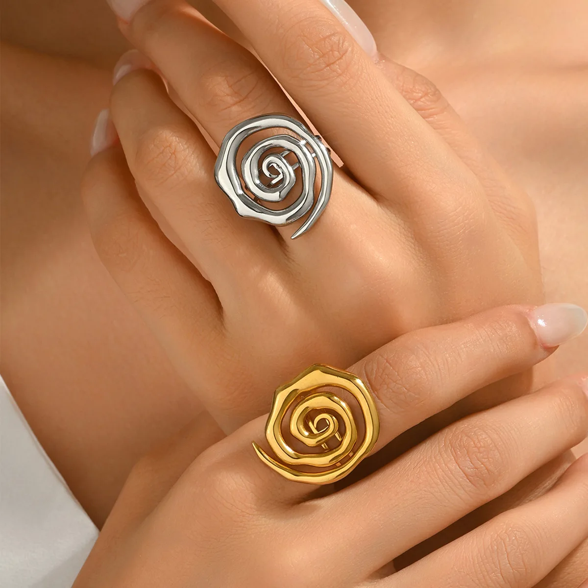 Stainless Steel Spiral Open Ring Geometric Exaggerated Adjustable Finger Charm Exclusive Women Man Jewelry Gift Fashion