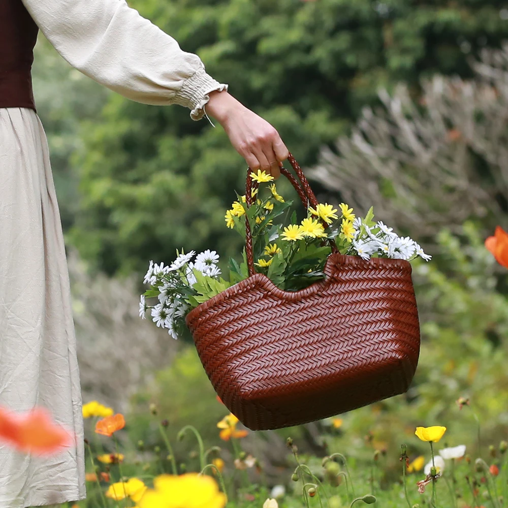 Bolso de hombro de cuero genuino para mujer, bolso de compras informal tejido, bolso grande Vintage, bolso de mano cruzado de piel de vaca