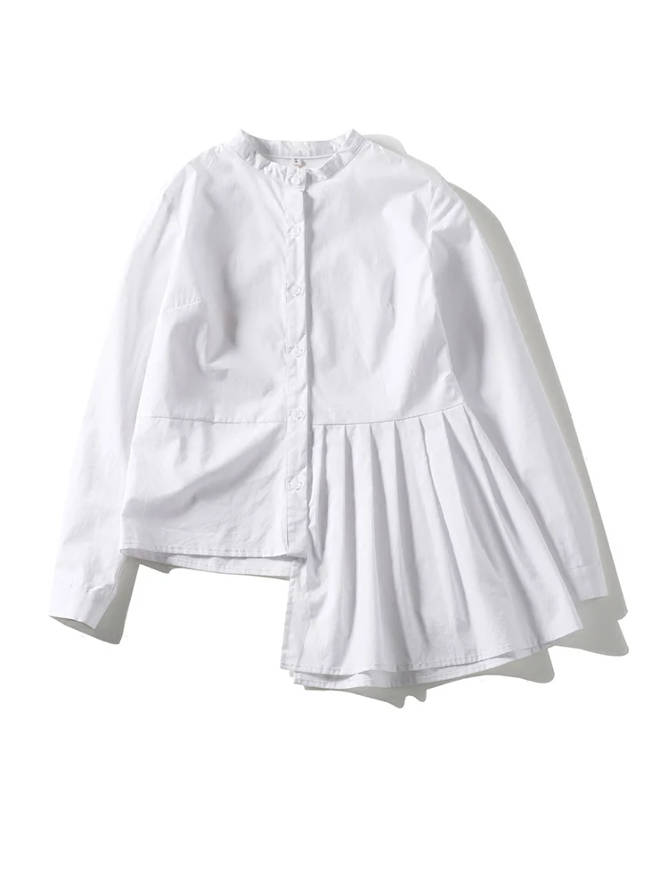 [EAM] Women White Irregular Pleated Casual Blouse New Stand Collar Long Sleeve Shirt Fashion Tide Spring Autumn 2024 1DF5332