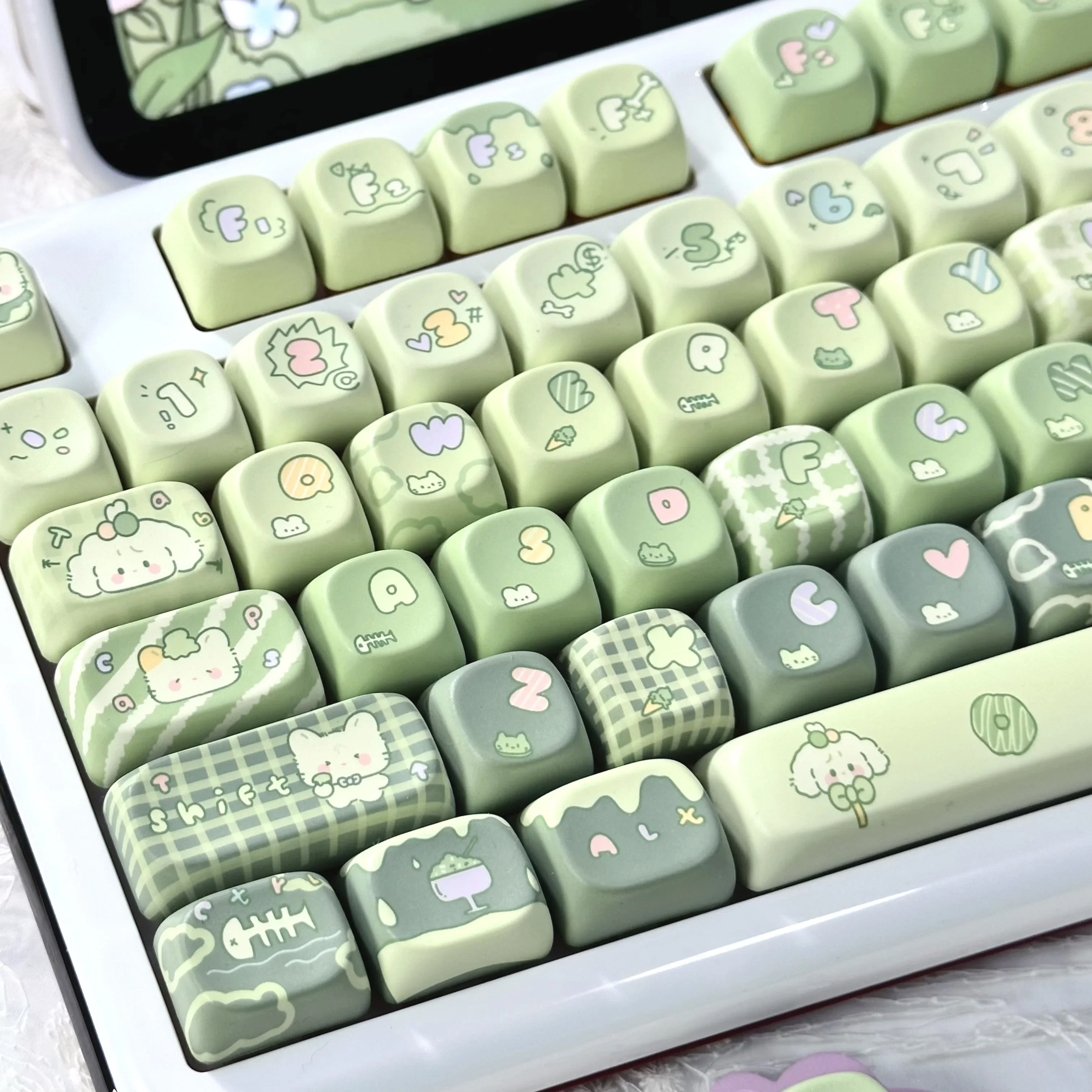 Imagem -02 - Personalizado Conjunto de Chaves de Teclado Mecânico Gato Bonito Coelho Cartoon Keycaps Matcha tipo Moa Keycap 131 Chaves