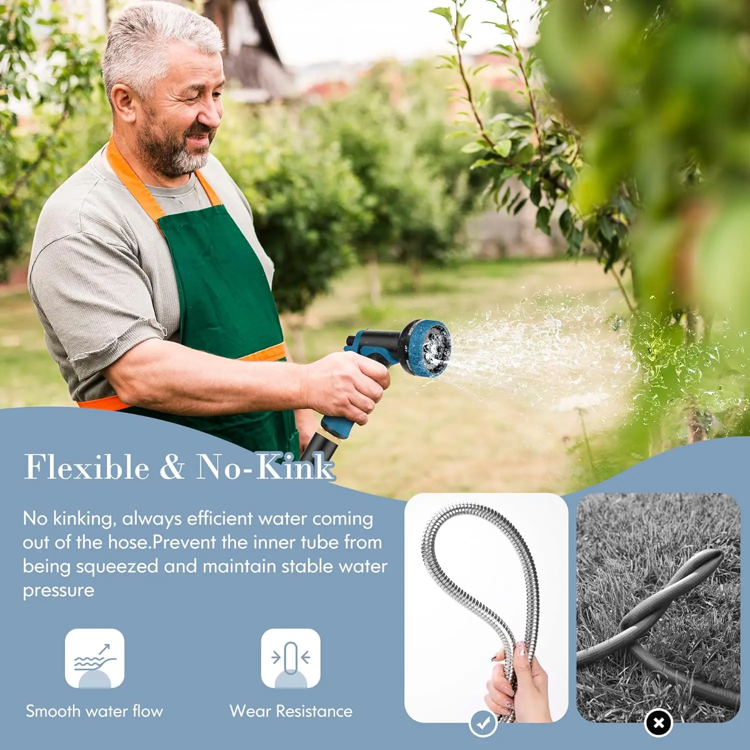 خرطوم حديقة 100 قدم مع فوهة 10 وظائف، مانع للتسرب، خفيف الوزن، مقاوم للثقب للاستخدام الخارجي