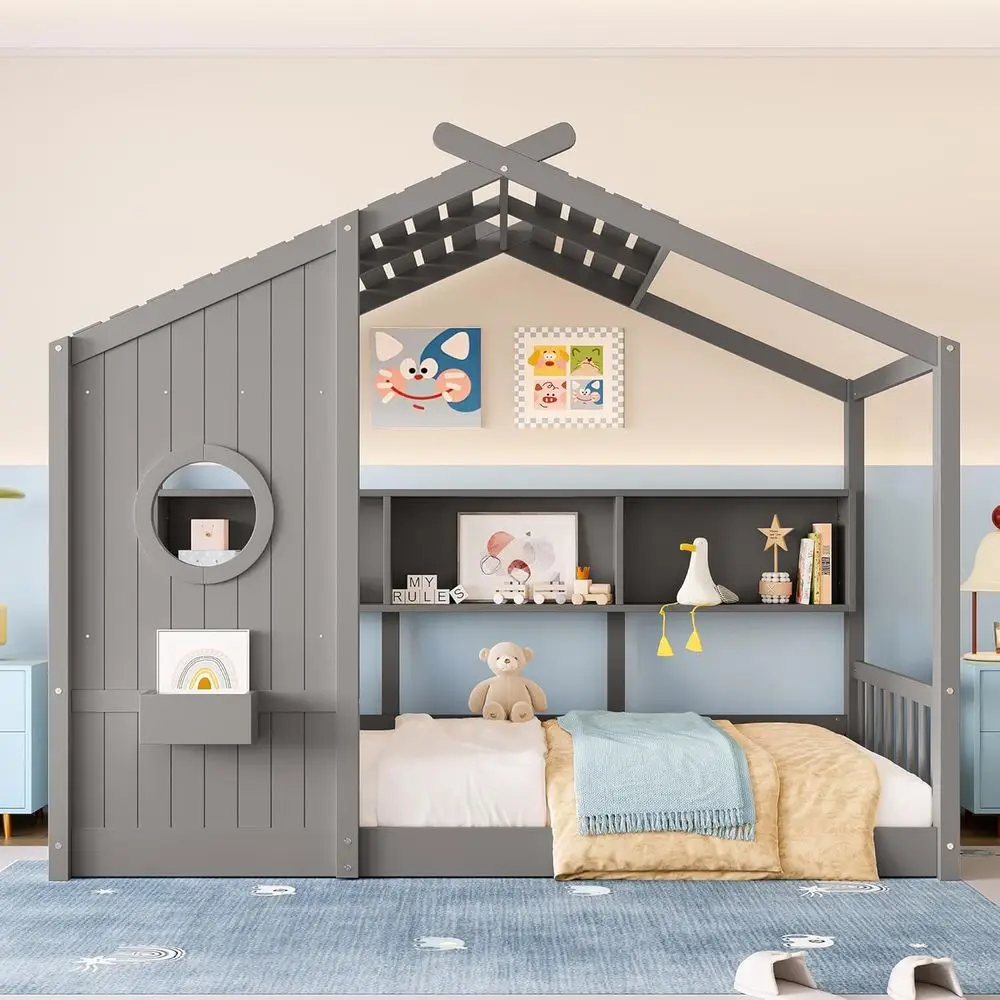 

Gray Twin-Size Playhouse Platform Bed with Storage Shelves and Roof Design for Kids' Bedroom