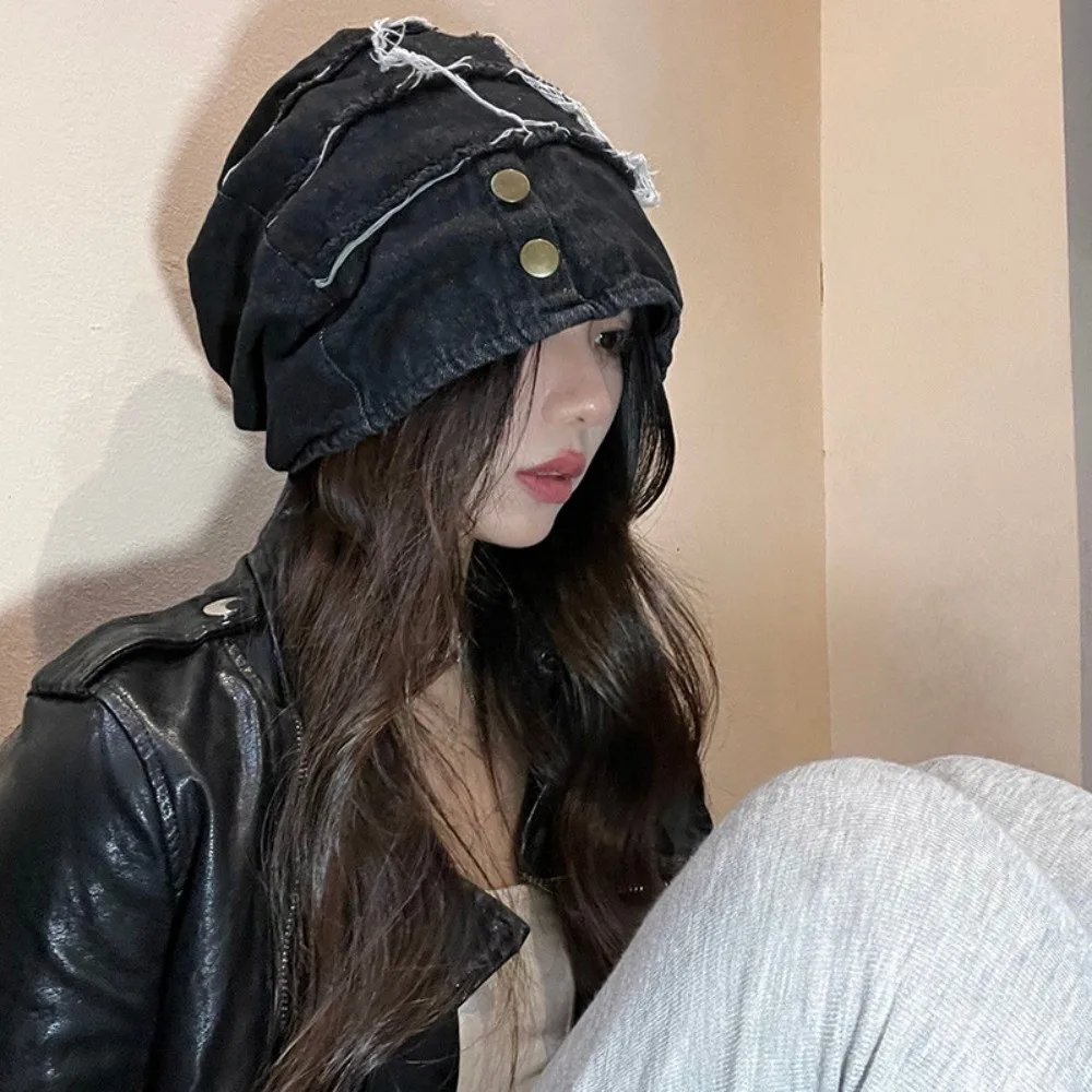 

Casual Vintage Distress Denim Pullover Cap Button Korean Style Washed Denim Beanie Hip Hop Cool Loose Beret Unisex