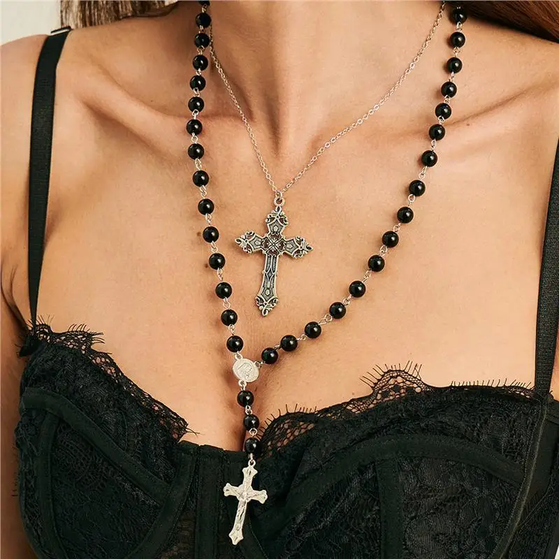 

k Sle Metal Cross Pendant Nelace Bla Acrly Beads Clavicle Decoration Men's Faion Jewelry Accory