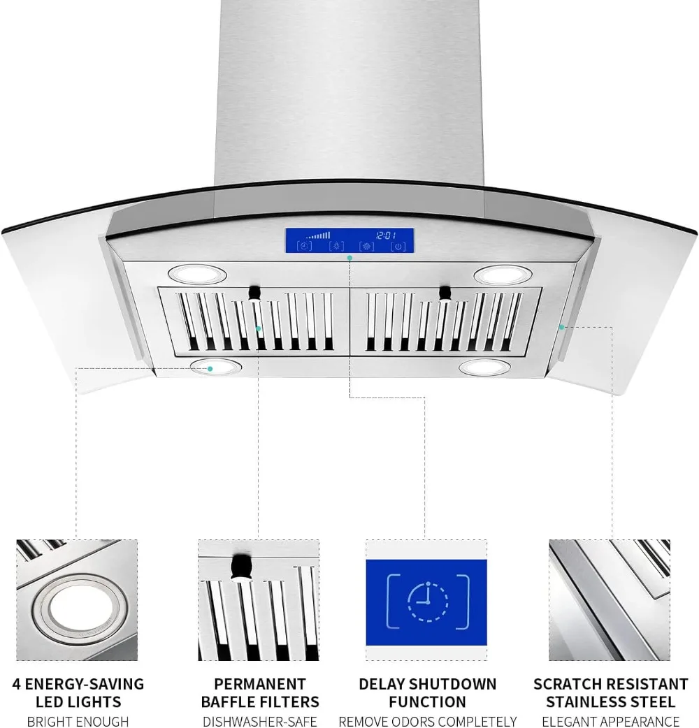 Kap mesin dapur 30 inci 700 CFM langit-langit baja tahan karat, tudung ventilasi dapur kontrol layar sentuh