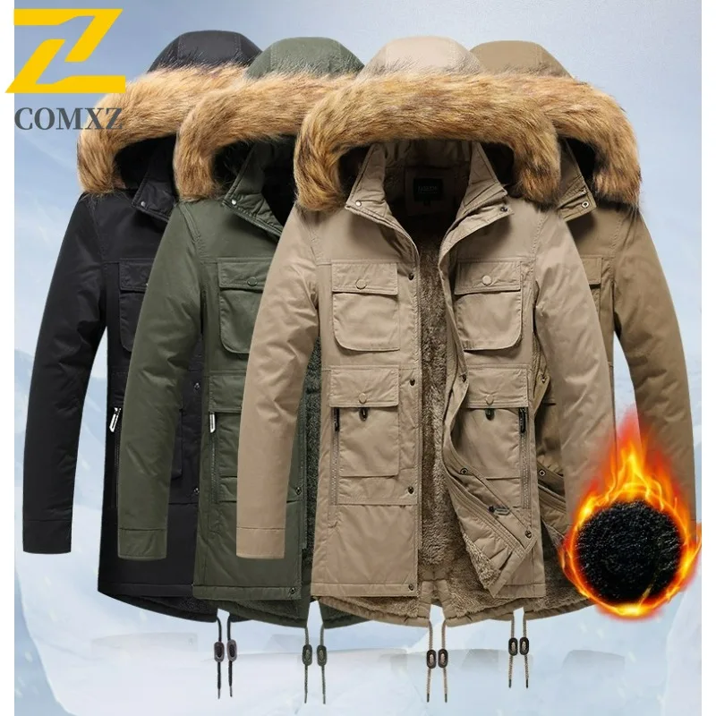 

2025 Men's Autumn Winter Jacket Fleece Lined Warmth Pure Cotton Thickened Cotton Mid-Length Coat Outdoor Sports Fishing Parka
