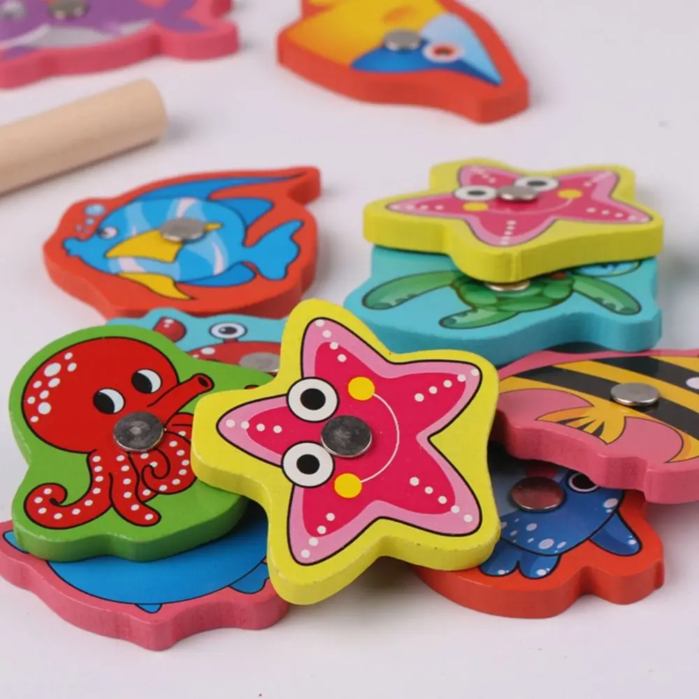 Multicolor Montessori Fishing Game Cartoon Fish Wood Magnetic Fishing Toy Magnetic Design Metal Box Packaging Educational Toy