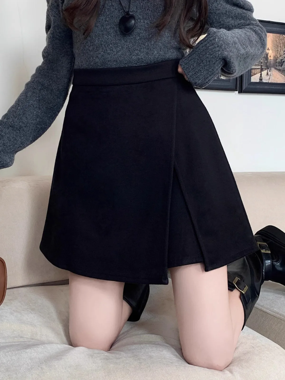plus Size Autumn Winter Short A-Line Skirt in  Brown Woolen Material Korean Style High Waist Commute Scene Women's S...