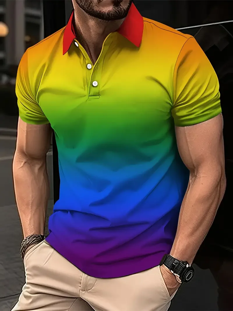 Novel Rainbow Colour 3D Printed Men's Polo Shirt Fashion Comfort Golf Tennis Blazer Summer Oversized Cool Men's Button Clothing