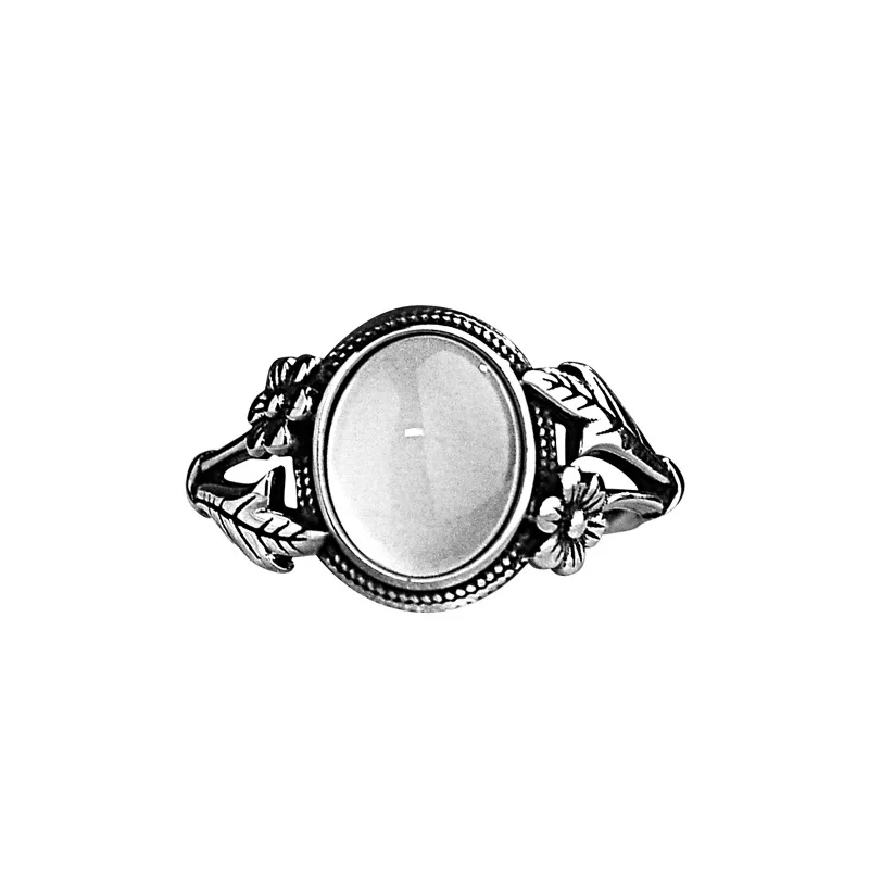 100% 925 Sterling Silver Chalcedony Geometric Ring for Women Girl Vintage Flower Leaf Design Jewelry Party Gift Dropshipping