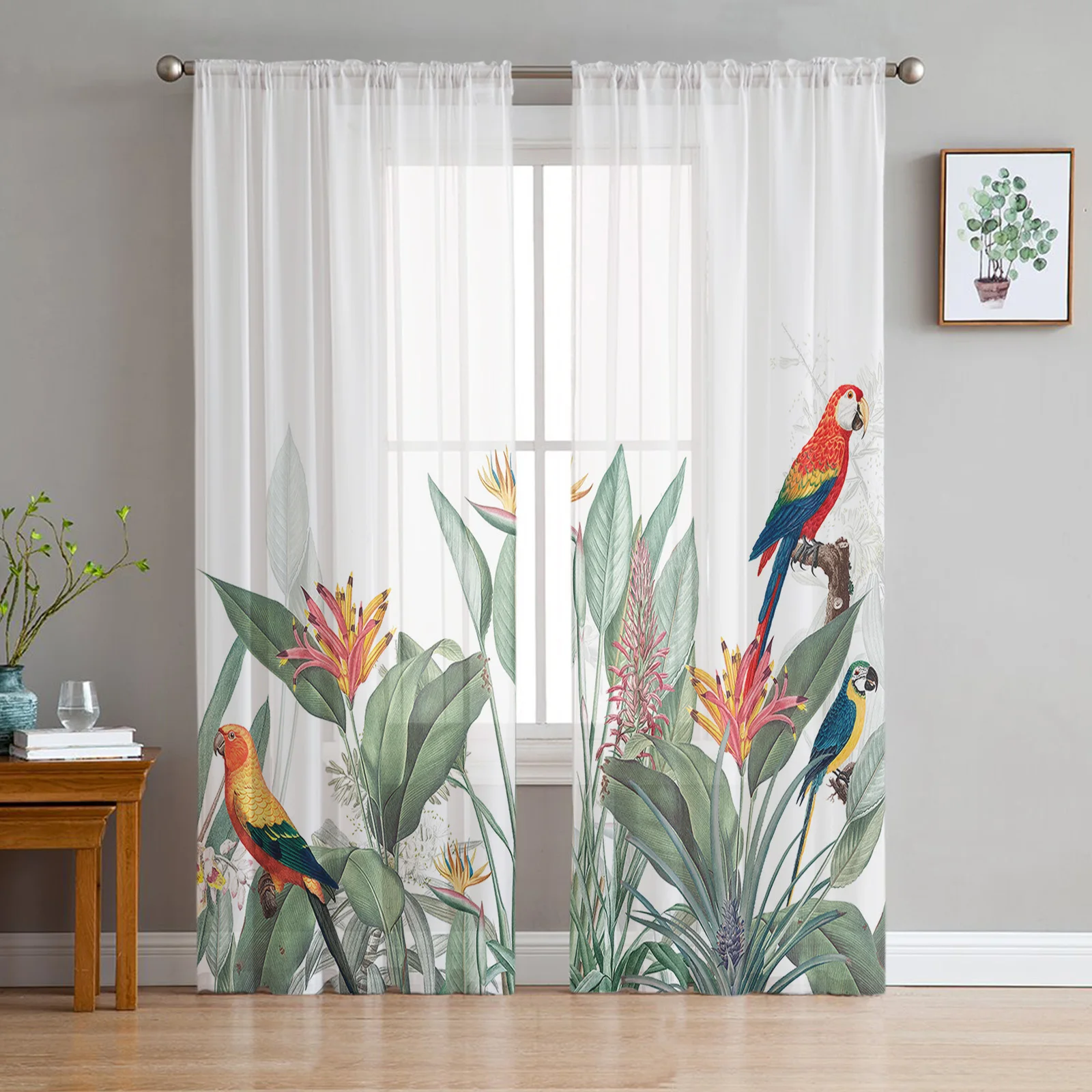 Ins Style Tropical Plants Parrot Sheer Curtains for Living Room Decoration Window Curtain Kitchen Tulle Voile Organza Drapes