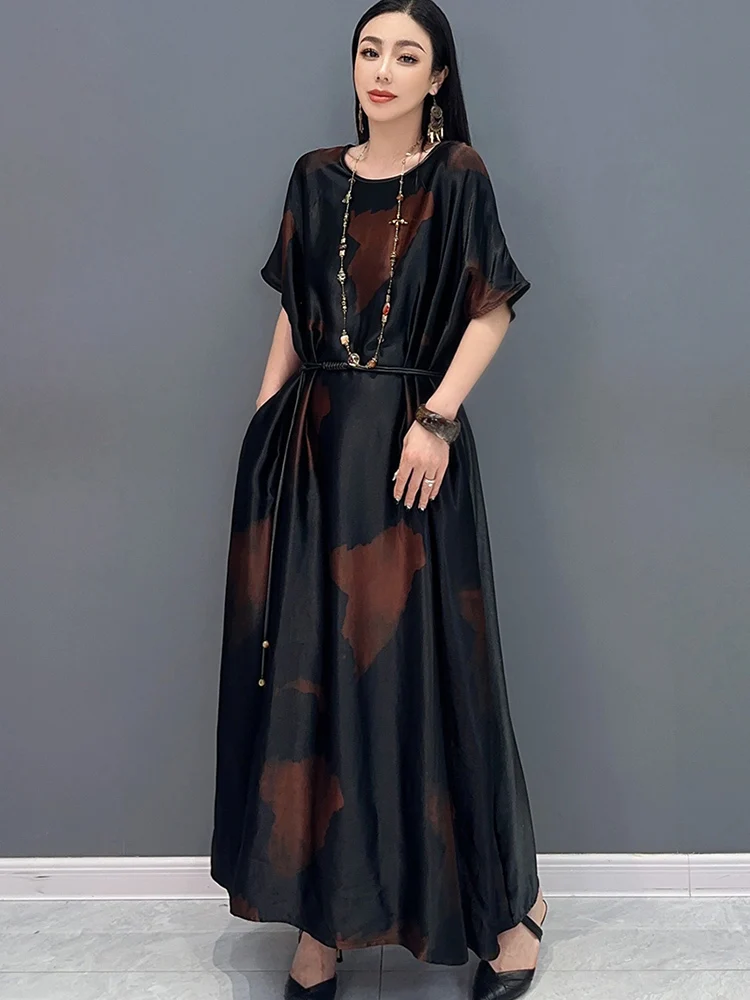 SHENGPALAE Chinese Style Satin Print Loose Swing Long Dress Short Sleeves Fashion Elegant Women Dresses 2024 Summer New 5R9796