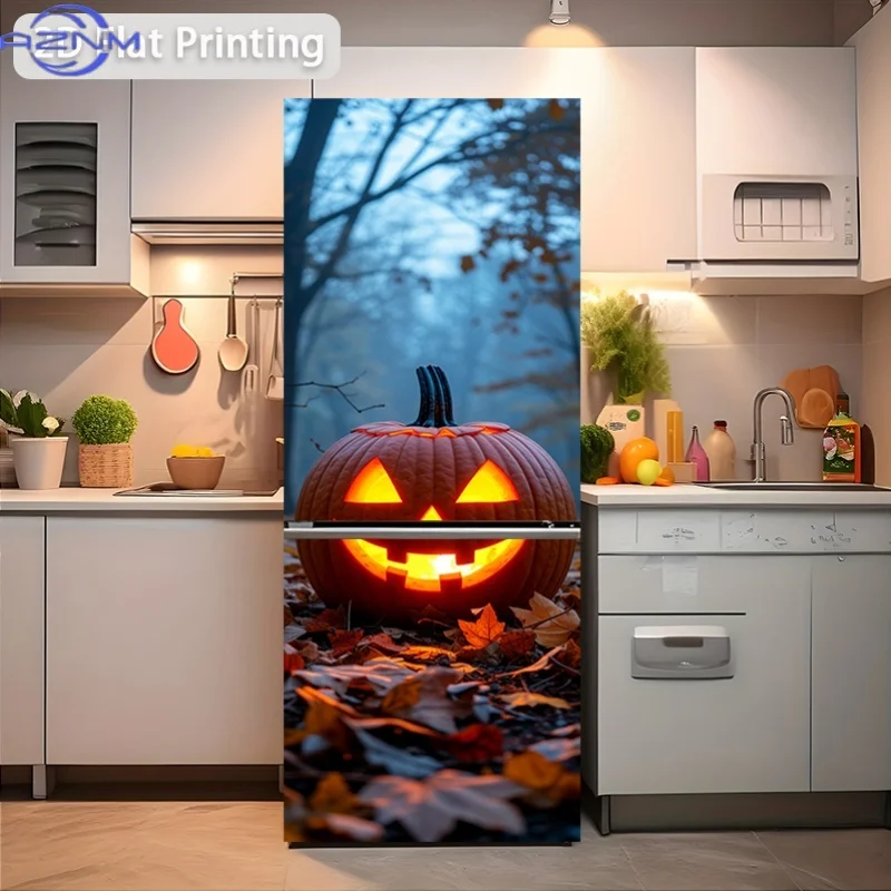 2D Flat Printing 1pc 180Cm X 60Cm Refrigerator Sticker, Pumpkin Halloween Theme Self-Adhesive Wall Paper, Suitable for Home De