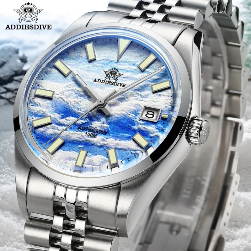 ADDIESDIVE 3D Cloud Sea Dial Automatic Mechanical Watch Luxury Stainless Steel 100M Diving Luminous Watches reloj hombre