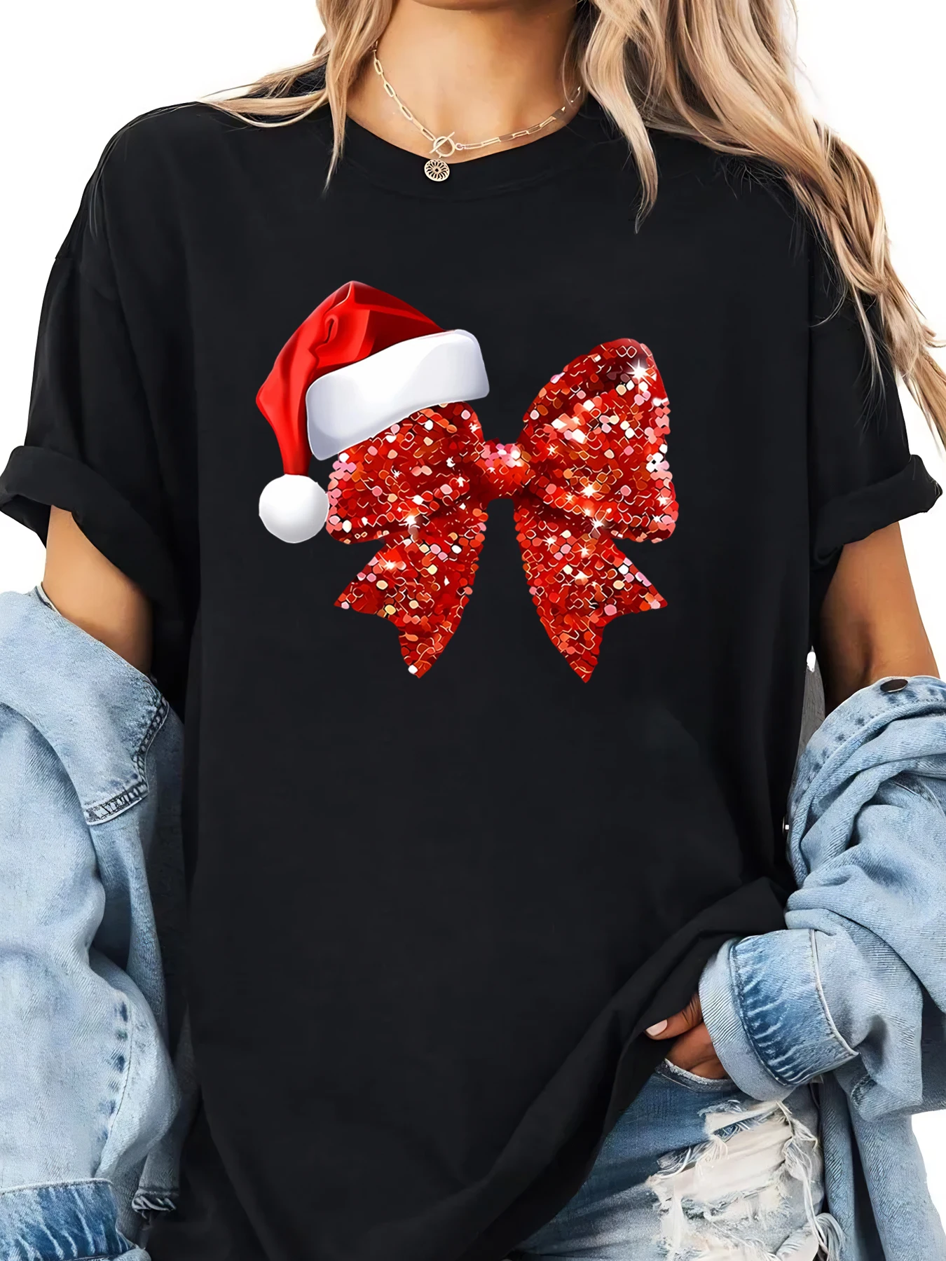 Gingerbread Chef Cookie Baking Christmas Print T-Shirt Women Casual Holiday Wear Black Plus-size
