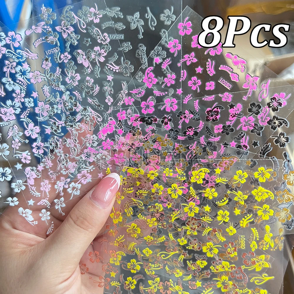 

8Pcs 3D Exquisite Hibiscus Flower Nail Sticker White,Pink,Gold,Silver Floral Nail Decal Y2k Petal Adhesive Manicure Decor Slider