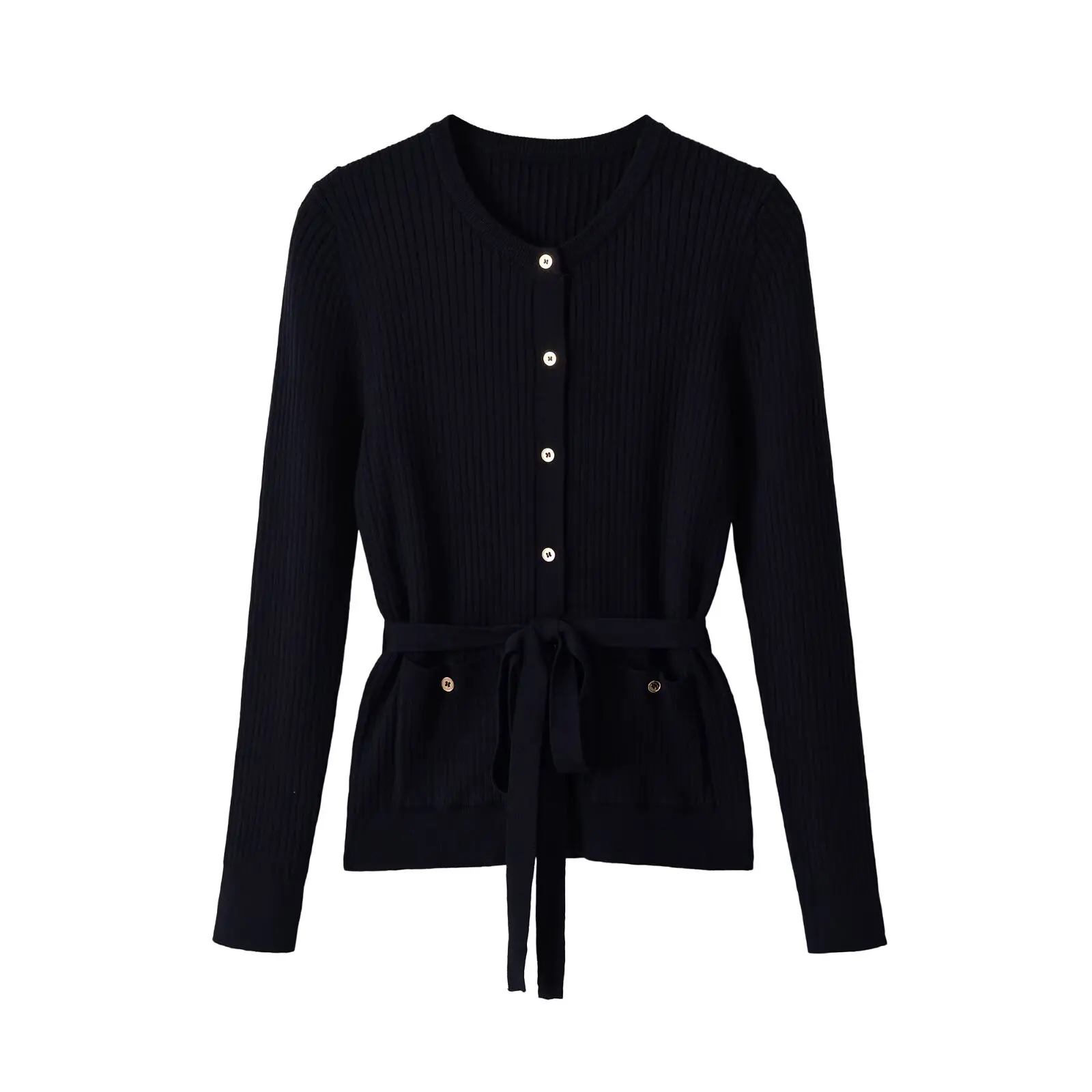 Women's Korean belted ribbed long-sleeved knitted jacket 2026 new Button Sweater Coats Lady Ribbed Chic Knit Tops
