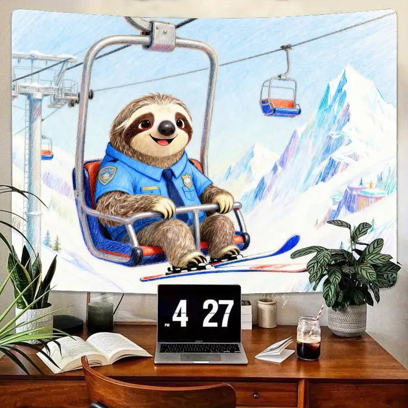 ผ้าแขวนผนังลายสลอธตำรวจเล่นสกีสุดน่ารัก 1 ชิ้น ภาพการ์ตูนภูเขาฤดูหนาว งานศิลปะติดผนัง ทำจากโพลีเอสเตอร์ ของตกแต่งบ้านสำหรับห้องเด็ก