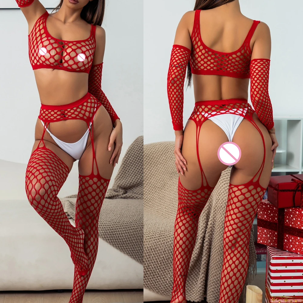 Sexy Lingerie Women Ladies Bodysuit Fishnet Hollow Bikini Seductive Pantyhose Sleeves Home Clubwear Long Sleeve