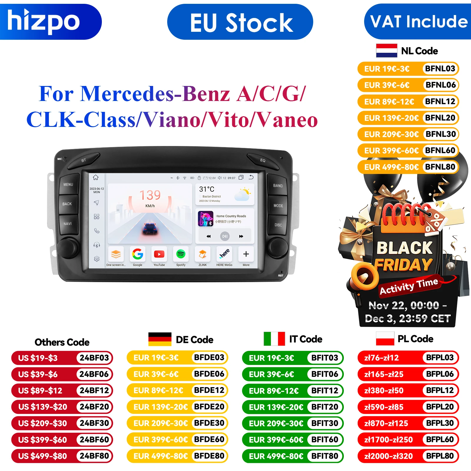 Octa-Core 2din Android 12 Radio Stereo Car Multimedia Player for Mercedes Benz W203 Vito W639 W168 Vaneo CLK W209 Navigation RDS