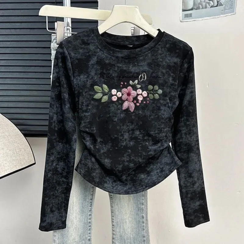 Women Tie Dye Floral Print Long Sleeve T Shirt Vintage Slim Fit Curved Hem Shoulder Casual Tops Spring Autumn S 4XL