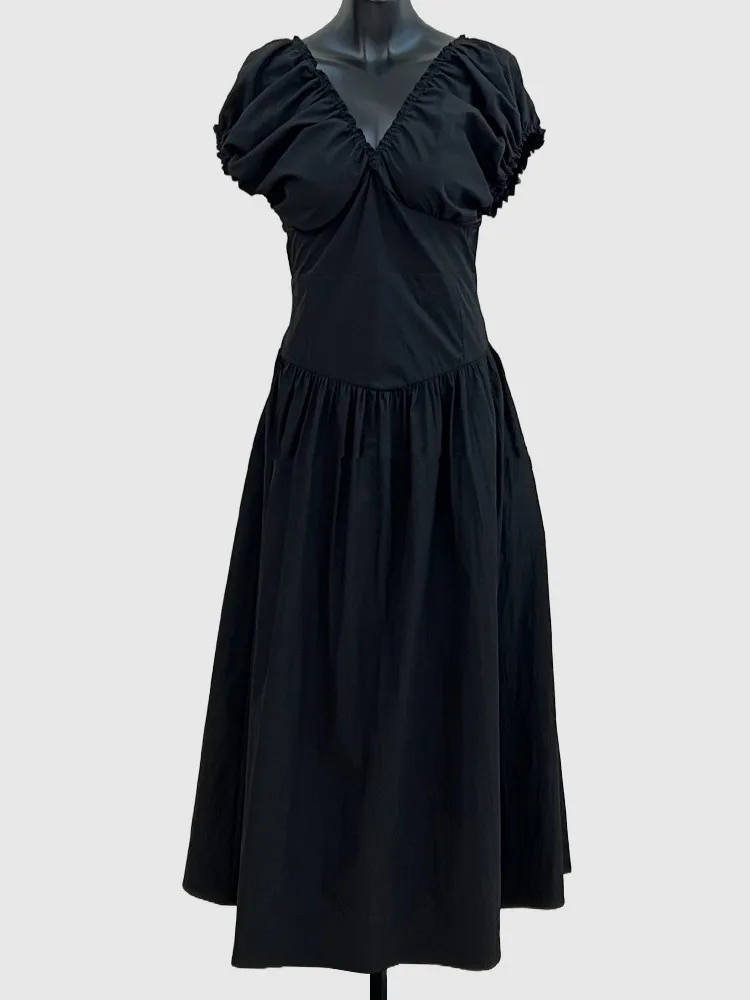 

Slimming V-Ne Pleated Dr Women's Summer New Sle Waist-Cinching Bubble Sve Long Dr Commute Pure E-commerce