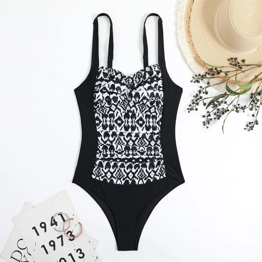 Vintage Print Bikini Patchwork Badeanzug Push Up Bademode Frauen Ein Stück Badeanzüge Strand Outfit Biquinis Feminino Trend