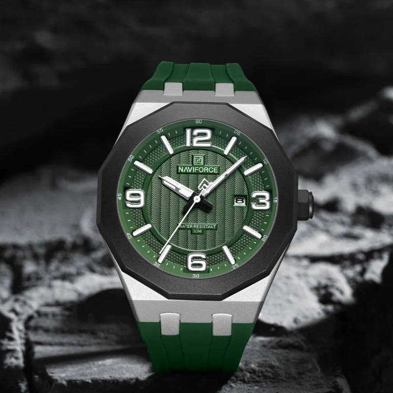 Naviforce 8079 แฟชั่นใหม่สบายๆชายชายวันที่นาฬิกาควอตซ์ซิลิโคนนาฬิกาข้อมือธุรกิจ relojes para hombres