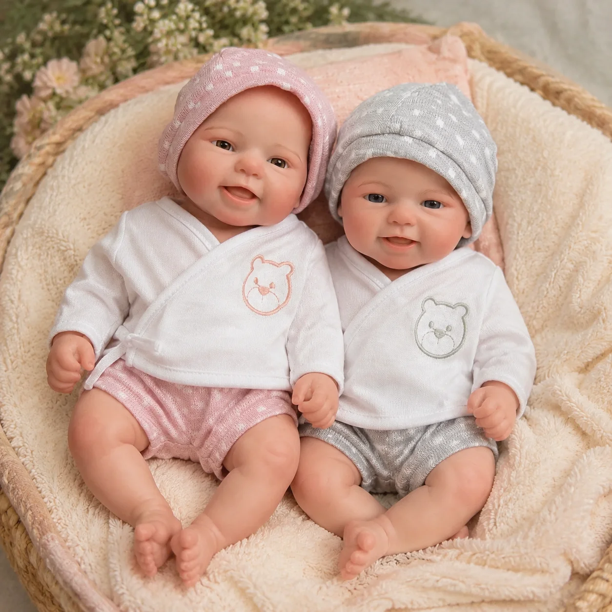 

16 Inch Full Body Silicone Reborn Baby Emmy, Realistic Lifelike Newborn Silicone Doll with Pink Knit Hat Bear Print Outfit,