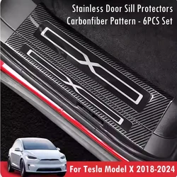 6PCS Stainless Door Sill Protectors for Tesla Model X 2018-2024 Carbonfiber Pattern Front Rear Door Welcome Pedal Covers