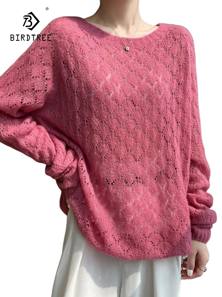 

Birdtree 77% Cashmere 23% Real Silk Autumn/Winter Knitted Sweater Thin Round Neck Hooked Hollow Women Loose Underlay T38482QC