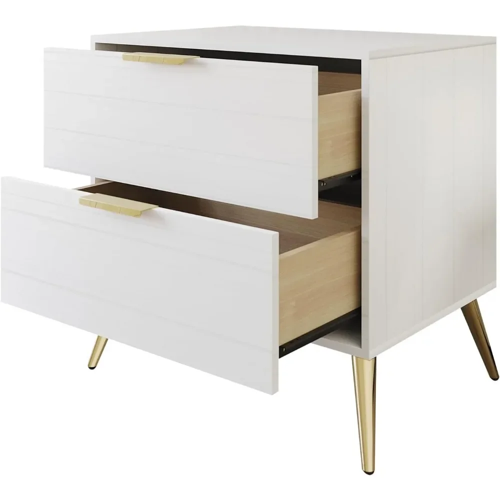 

End Table, Modern Glam 2-Drawer Wooden Nightstand with Gold Metal Legs, Easy Assembly End Tables for Bedroom Living Room