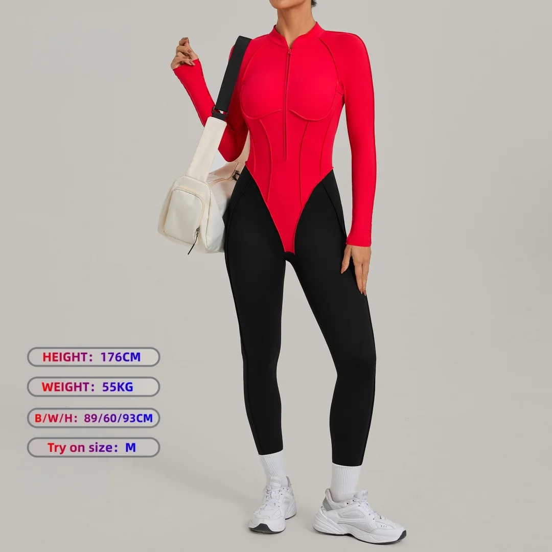 New Women's Pilates Yoga Bodysuit Tight Half-zip Backless Long Sleeve Pants Fitness Jumpsuit Running Workout Gym Yoga Bodysuit