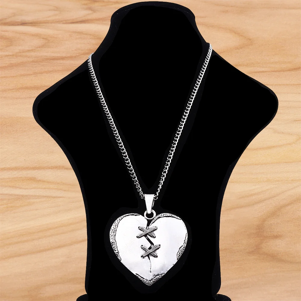 Tibetan Silver Large Cracked Heart Pendant on Long Chain Necklace Lagenlook 34 Inches for Jewelry Women Men Gift