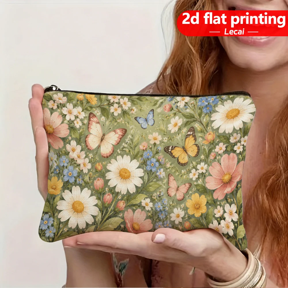 Vintage Floral Butterfly Makeup Bag Wild Daisy Flower Watercolor Art Zipper Cosmetic Pouch Portable Travel Toiletry Storage Bag