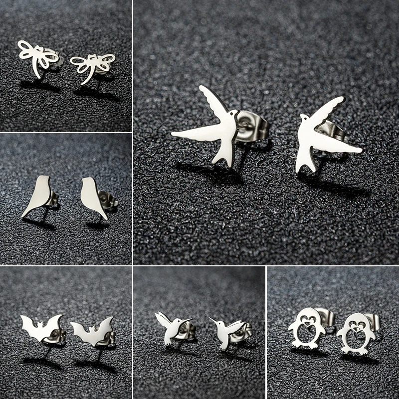 Small Hummingbird Ear Studs Multiple Style Birds Jewelry Cute Swallow Dove Parrot Bat Earrings Animal Stainless Steel Pendientes
