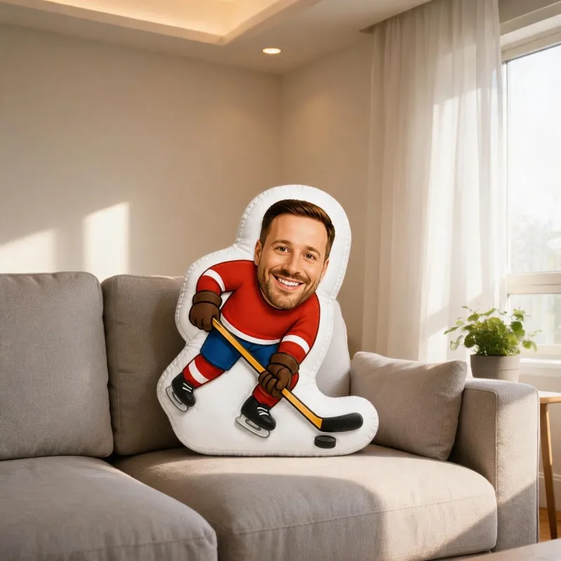Custom Personalized Photo Hockey Player Shaped Pillow, Red Jersey Sports Style Decorative Cushion, Unique Home Decor Accent for