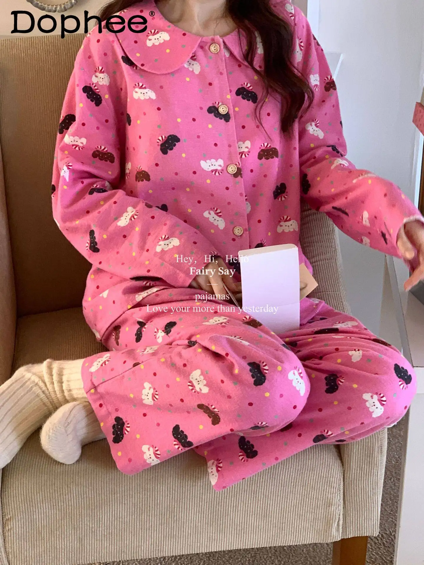 Japanese Style Doll Collar Sweet Girl Turn-down Collar Pure Cotton Long Sleeve Pajamas Autumn Thickened Cartoon Homewear Set