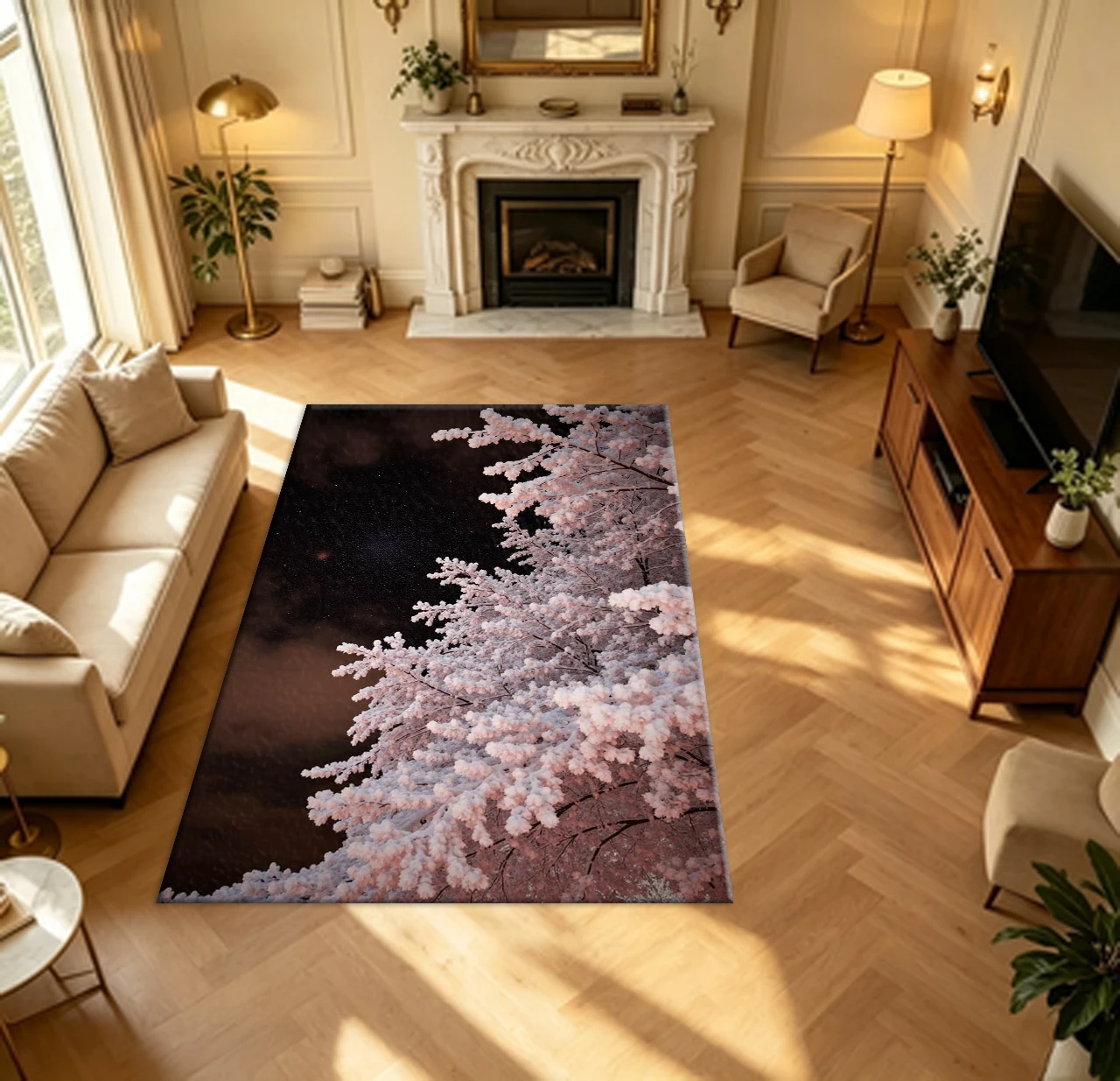 Pink Frosted Blossom Tree Starry Night Sky carpet flooring Romantic Scenery Floor Mat