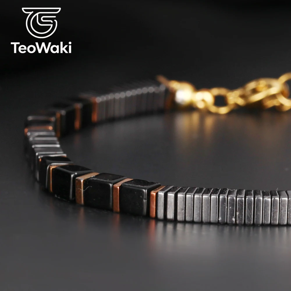 TeoWaki Natural Square Black Agate Bracelet Adjustable Length Hematite Square Flake Spacers Holiday Best Gift For Family 17+5cm
