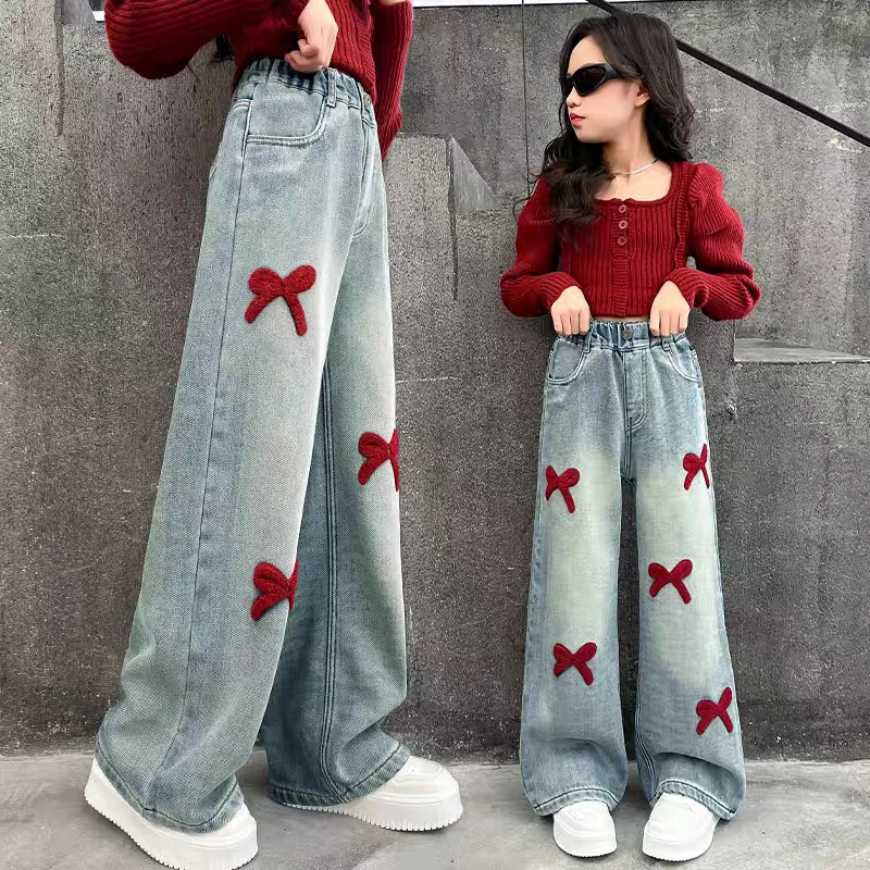 New Girls Denim Pants with Towel Embroidery Bow – Casual Straight Jeans for Big Kids, Trendy Everyday Bottoms